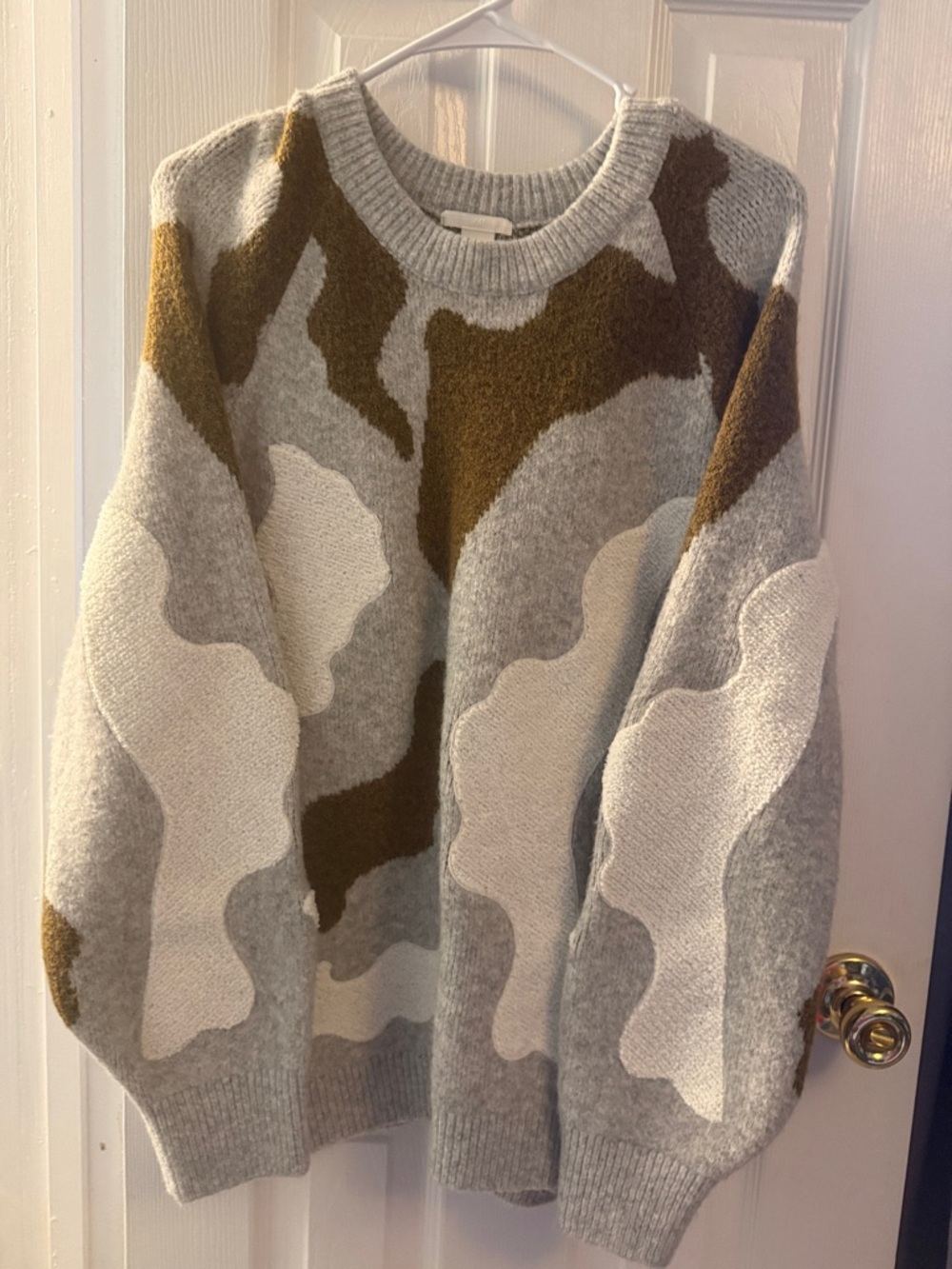 H&M Chunky Knit Crewneck Sweater in Gray, Cream & Brown